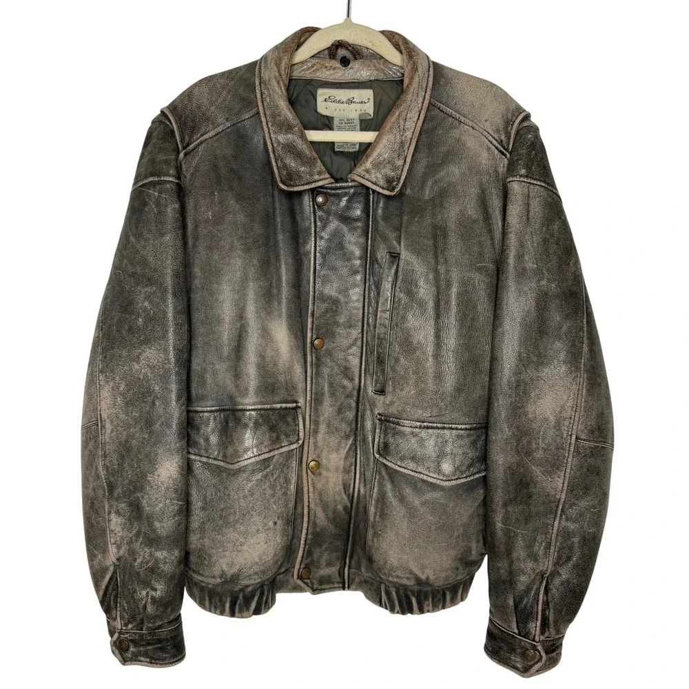 Eddie Bauer Mens Distressed Leather Bomber‎ Jacket Goose Down Quilted Brown L/G